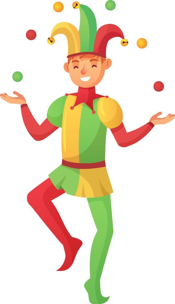 Cheerful jester juggling colorful balls, wearing a traditional costume with a hat and bells, smiling and entertaining audience with his performance vector