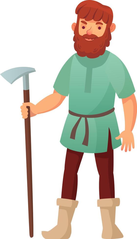 Cartoon illustration of a medieval farmer holding a pickaxe representing work in the middle ages, agriculture, and traditional farming methods vector