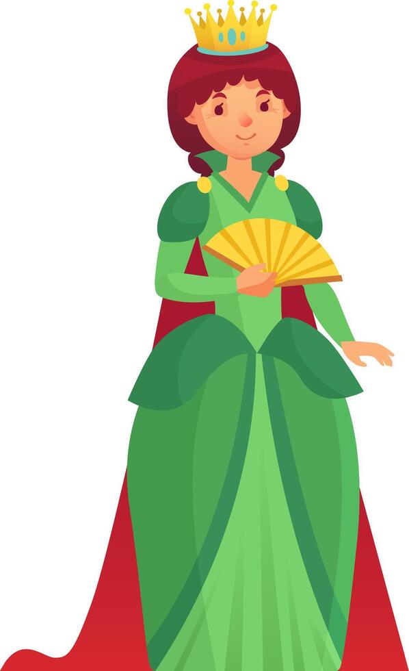 Cartoon illustration of a smiling queen wearing a green gown and a red cape, holding a golden hand fan, representing royalty, elegance and power vector