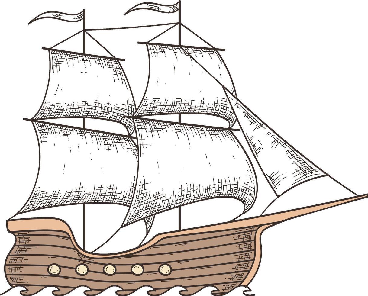 Hand drawn illustration of a vintage sailing ship with sails inflated by the wind, navigating the ocean waves, showcasing the vessel's classic design and maritime adventure vector
