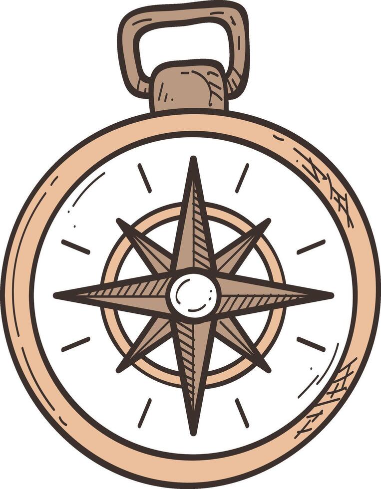 Hand drawn illustration of a vintage compass, featuring a detailed wind rose and a sturdy handle, evoking a sense of exploration and discovery vector