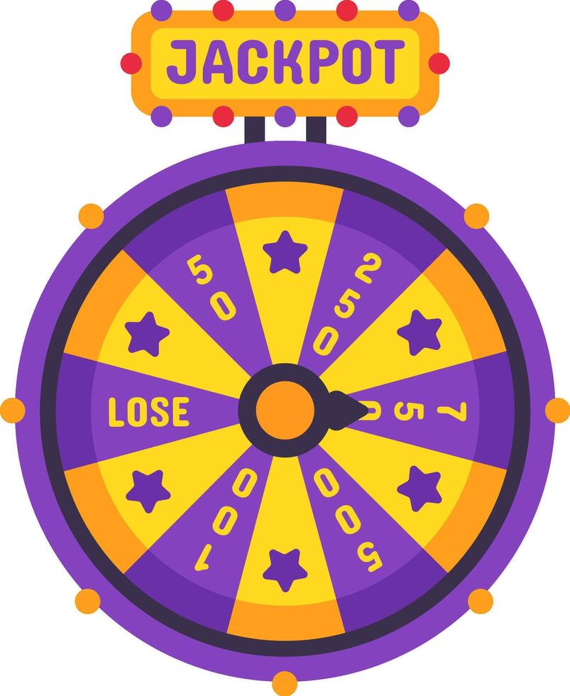 Colorful wheel of fortune spinning with jackpot sign, showing different numbers and stars, gambling and risk, winning and losing money, fortune vector