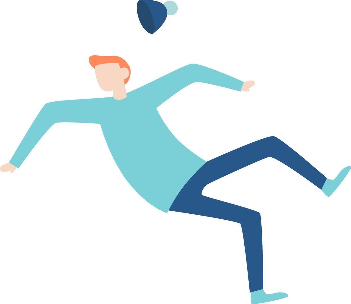 Young man with light blue sweater and dark blue pants falling down on the ground after slipping, losing his hat in the process, representing clumsiness and accidents in a humorous way vector