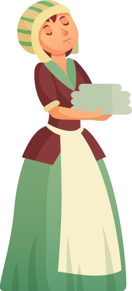 Hotel maid carrying freshly folded towels and sheets, dressed in a crisp uniform and hat, delivering exceptional housekeeping service with attention to hygiene and guest satisfaction vector