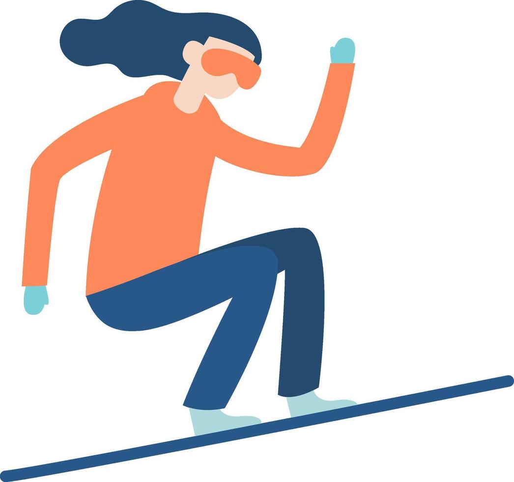 Snowboarder crouching low on a snowboard, dressed in an orange sweater and blue pants, gliding down a snowy slope with gloves and goggles, embracing the thrill of winter sports vector