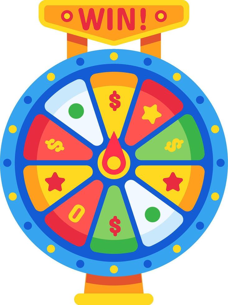 Wheel of fortune spinning with dollar sign, star and circle symbols promising rewards and celebrating winning, offering chance to win prize money vector