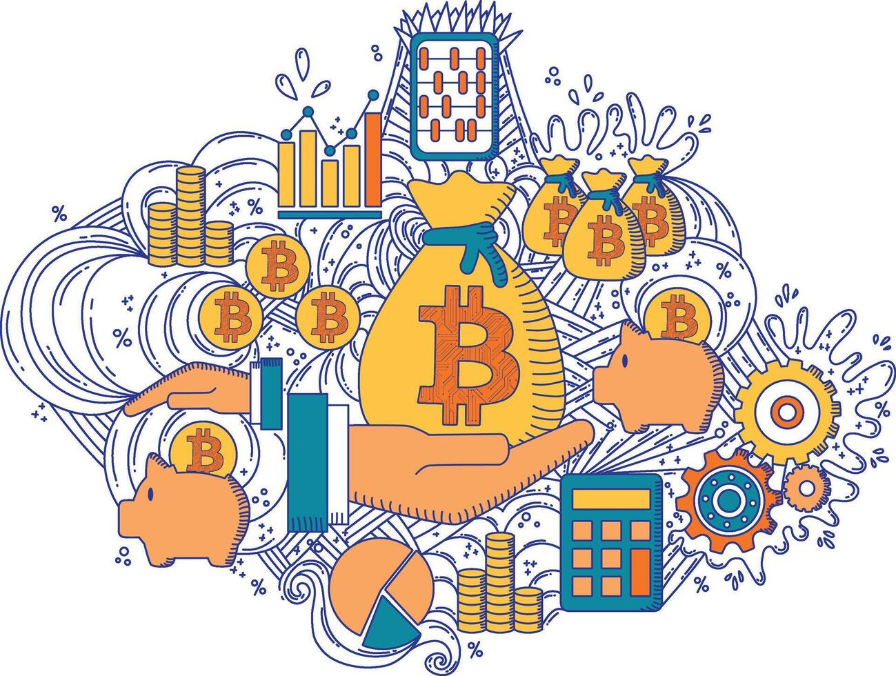 Finance Line Art Doodle. Colored. Bitcoin vector