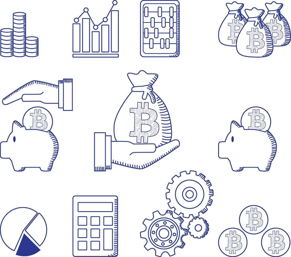 Finance. Set of icons in doodle style. Bitcoin vector