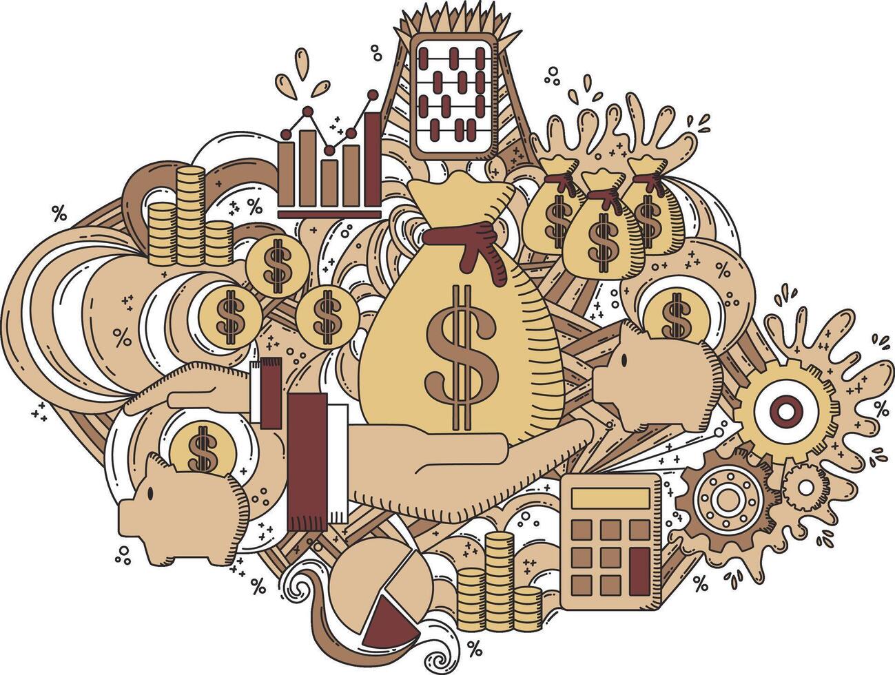 Finance Line Art Doodle in brown tones. Dollar vector