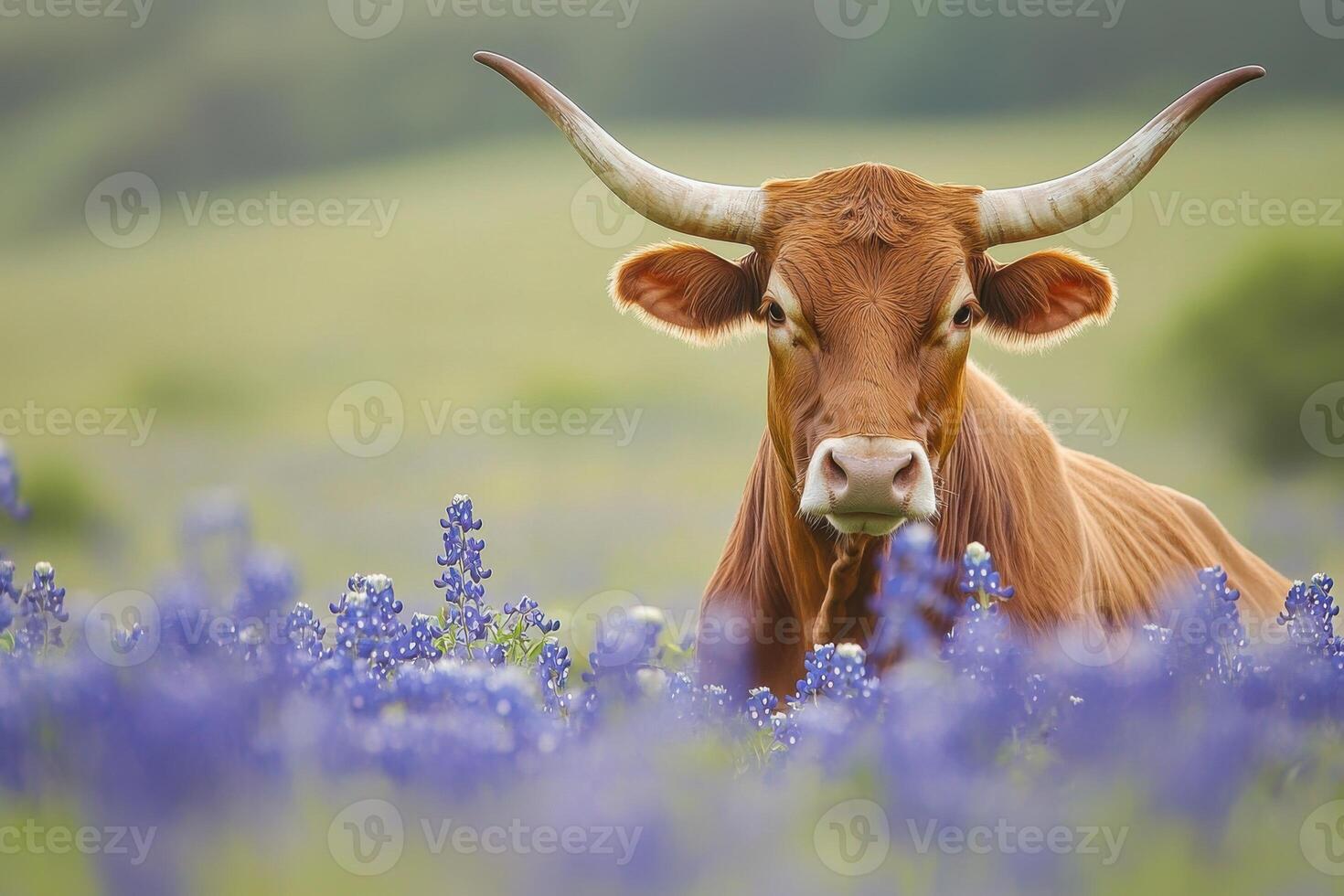 Majestic Texas Longhorn Cow Grazing in a Vibrant Field of Bluebonnets photo