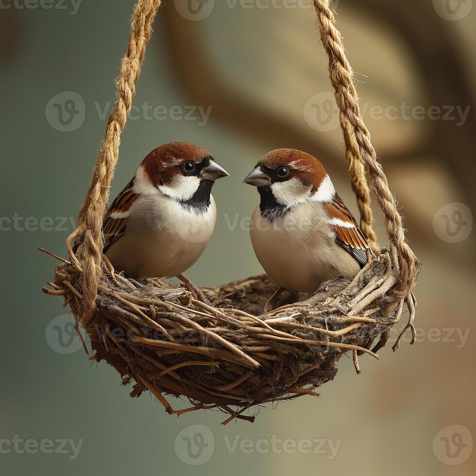 Sparrows in a Hanging Nest photo