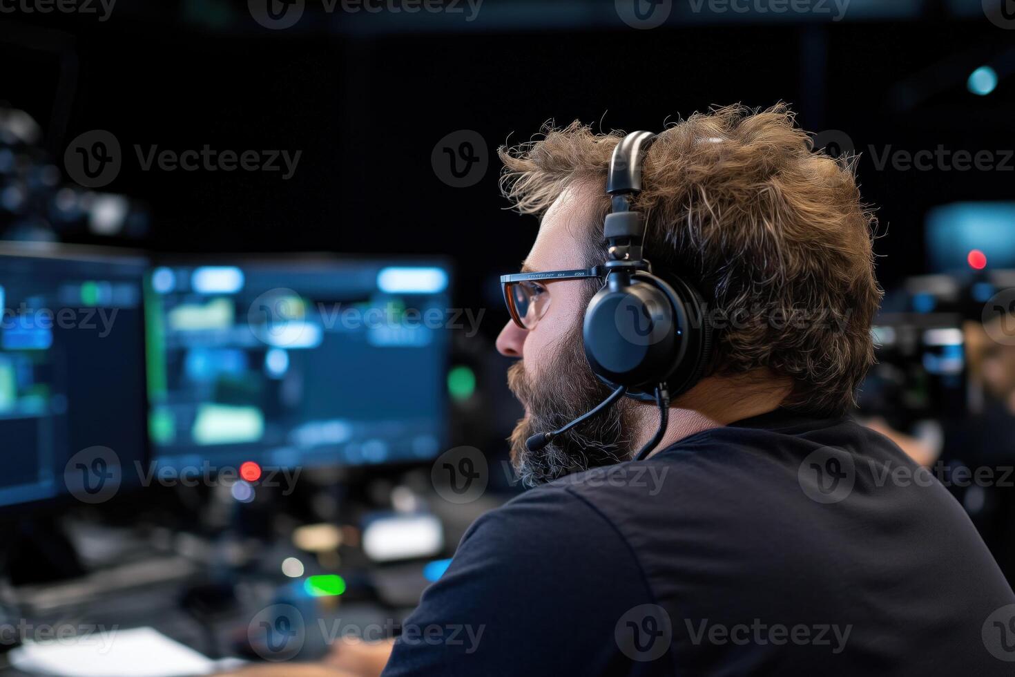 Rear view of a person wearing headphones while working in a dark hall in front of monitors photo