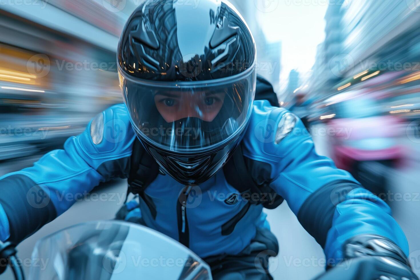Motorcyclist in helmet on a motorbike in motion blur. photo