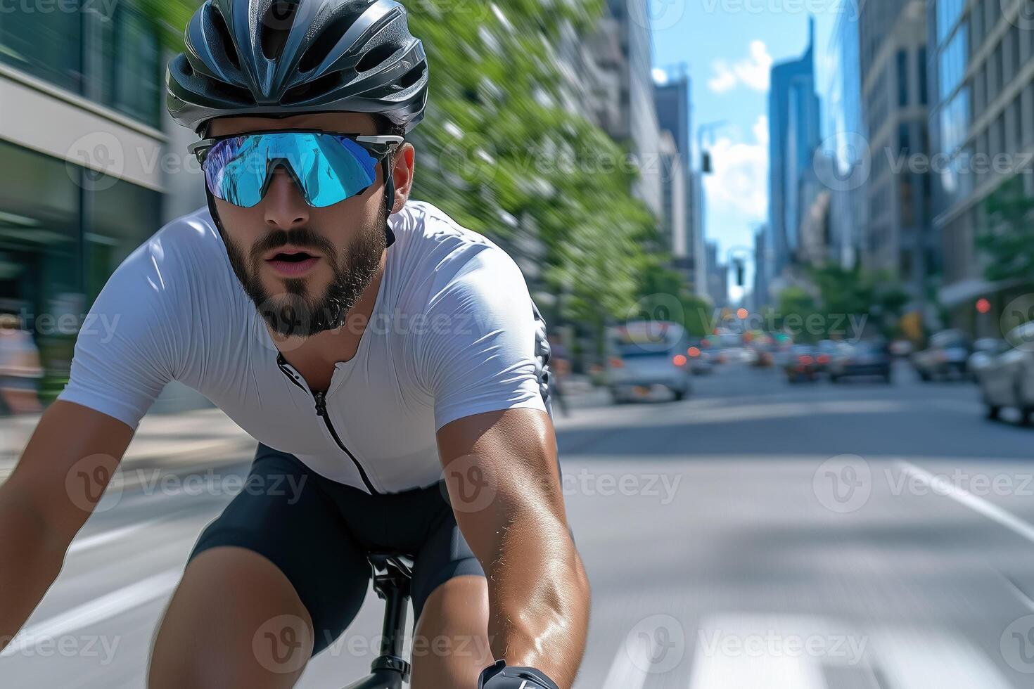 Cyclist riding a bike on a city street in a summer day photo