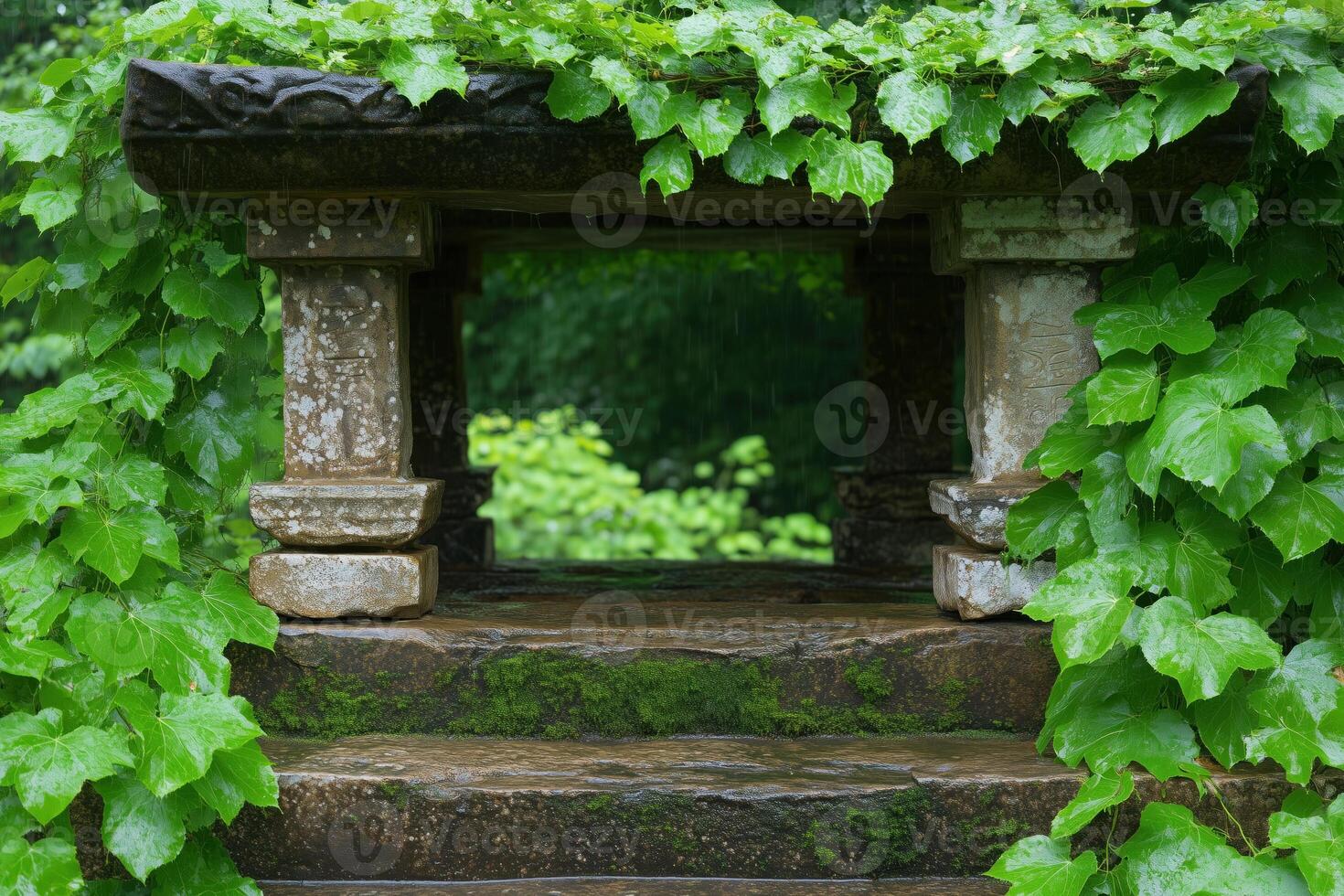 ancient ruins with ivy and green leaves photo