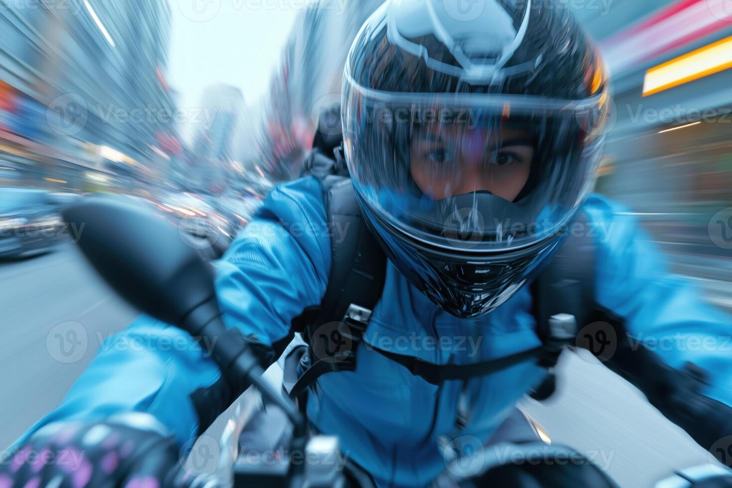 Cyclist riding a motorcycle in motion blur. Blurred background. photo
