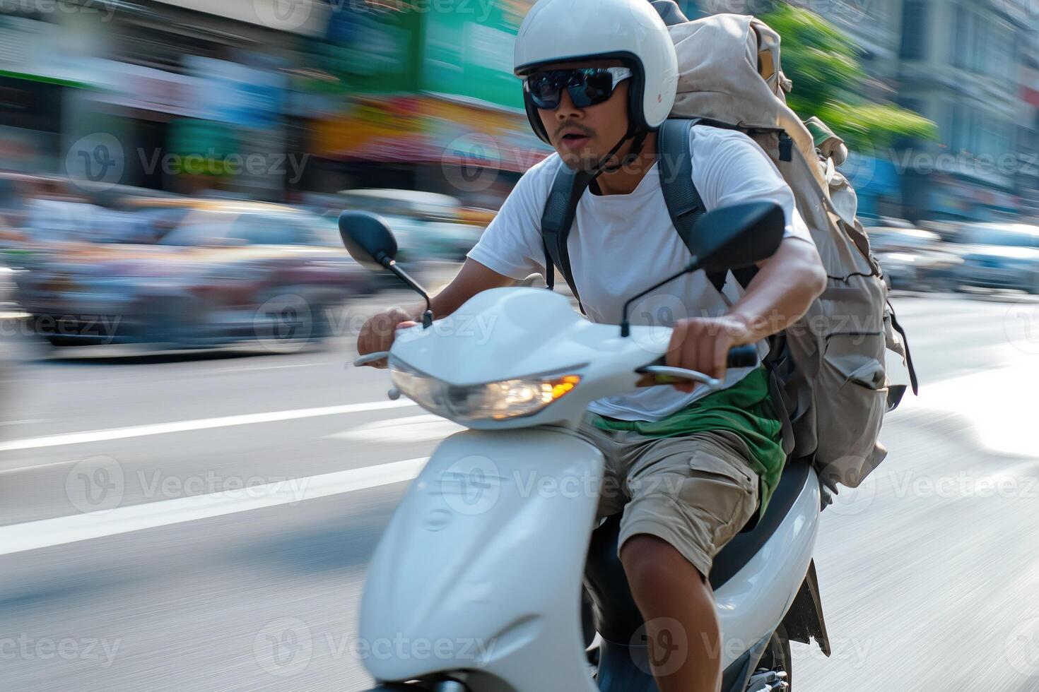 Motorcyclist riding on a motorbike in a city street. photo