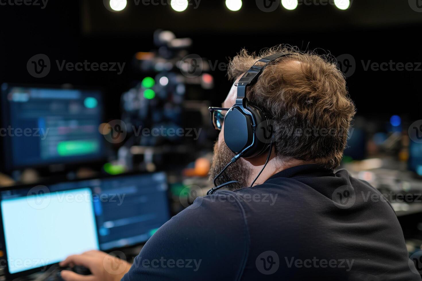 Rear view of a man wearing headphones while working in a dark studio in front of screens photo