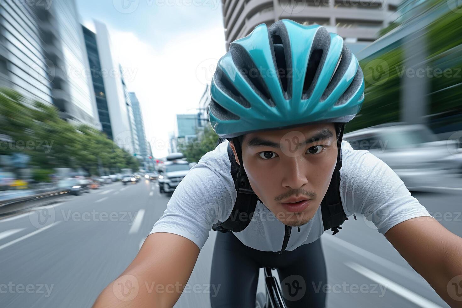 Cyclist riding a bike on the street in the city. Motion blur photo