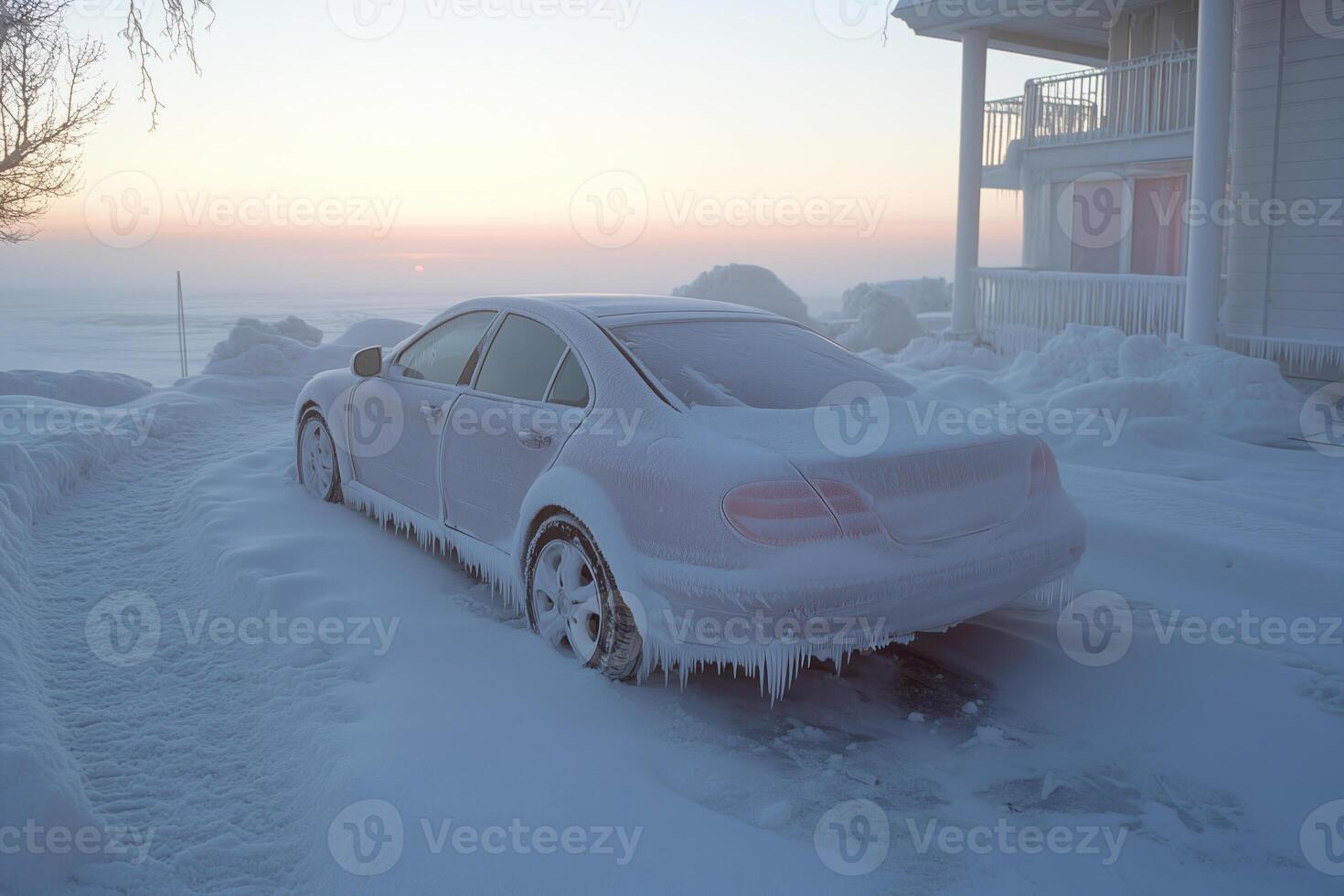 Car covered with ice on a frosty winter morning in the village photo