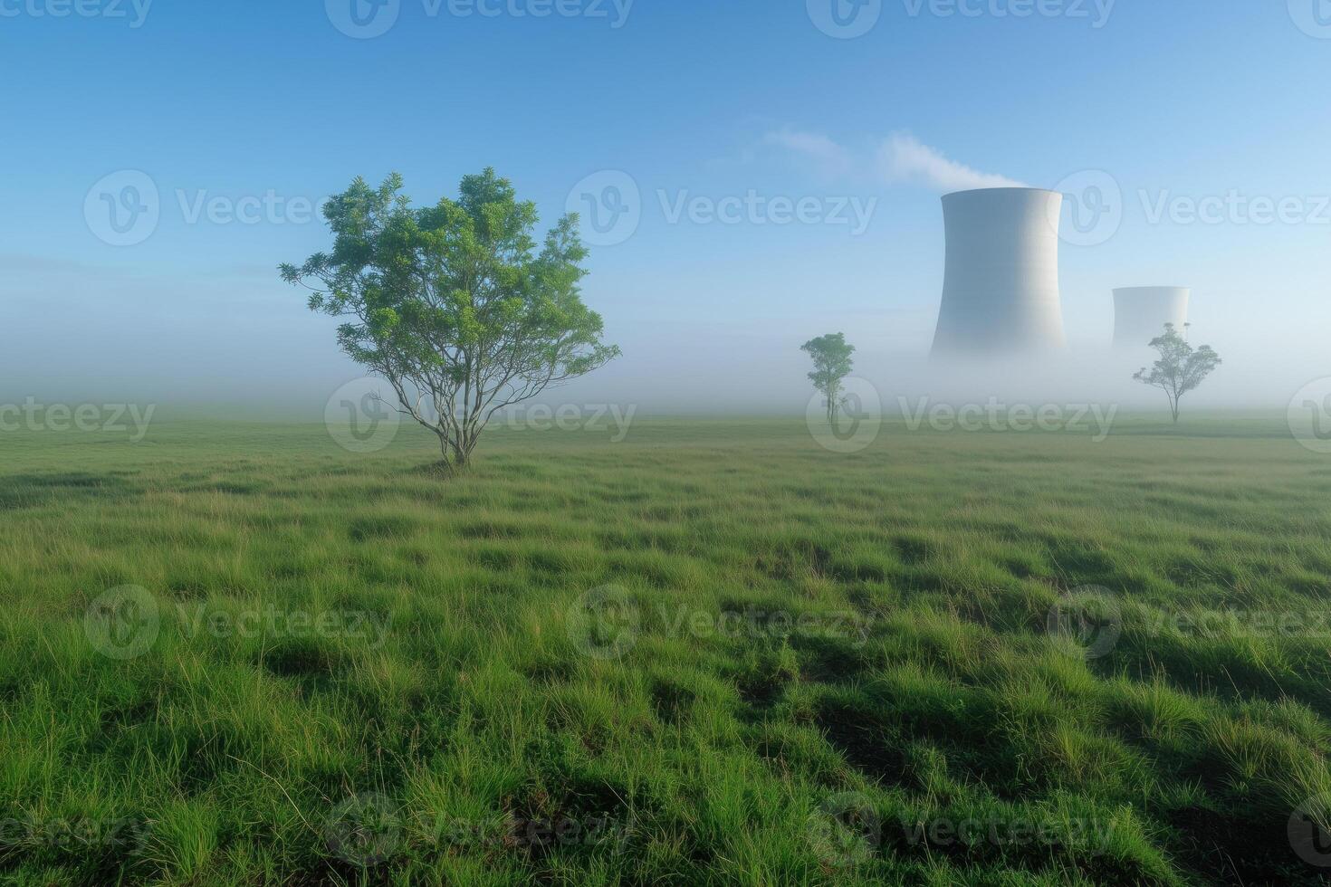 cooling towers of the nuclear power plant are visible in the distance in the morning fog photo