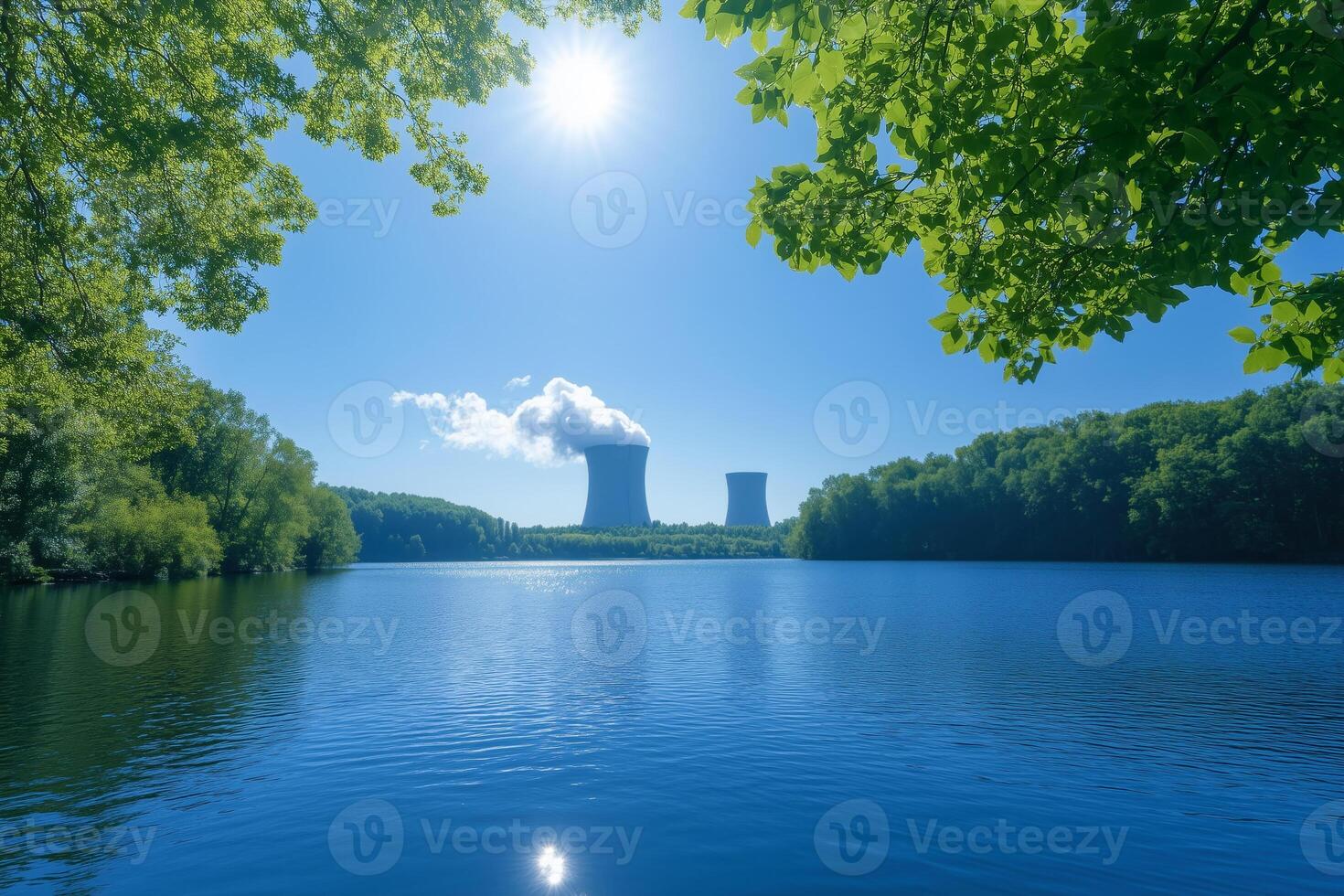 Nuclear power plant in the forest on the lake, sunny landscape photo