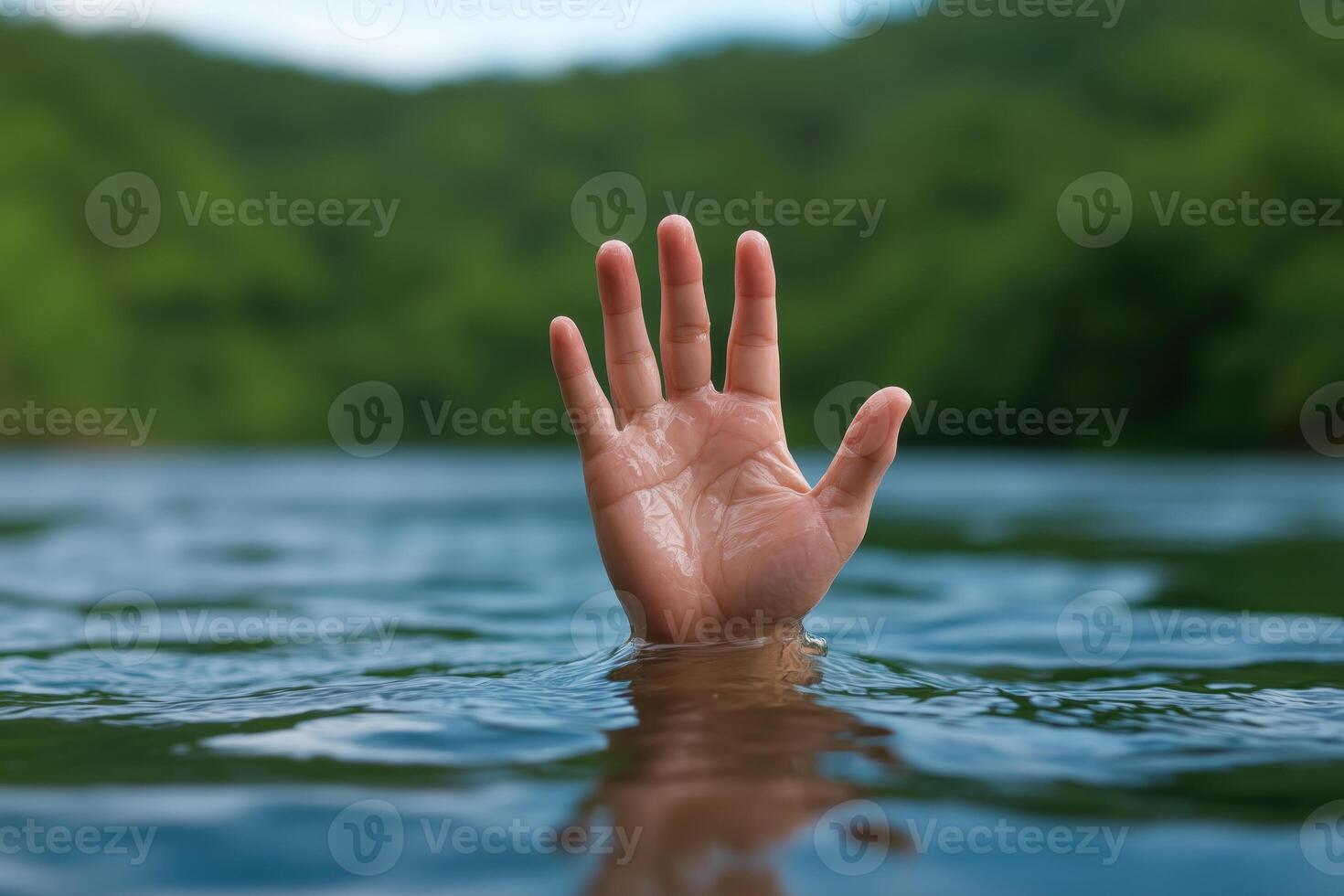 hand of a drowning person reaches out from under the water photo
