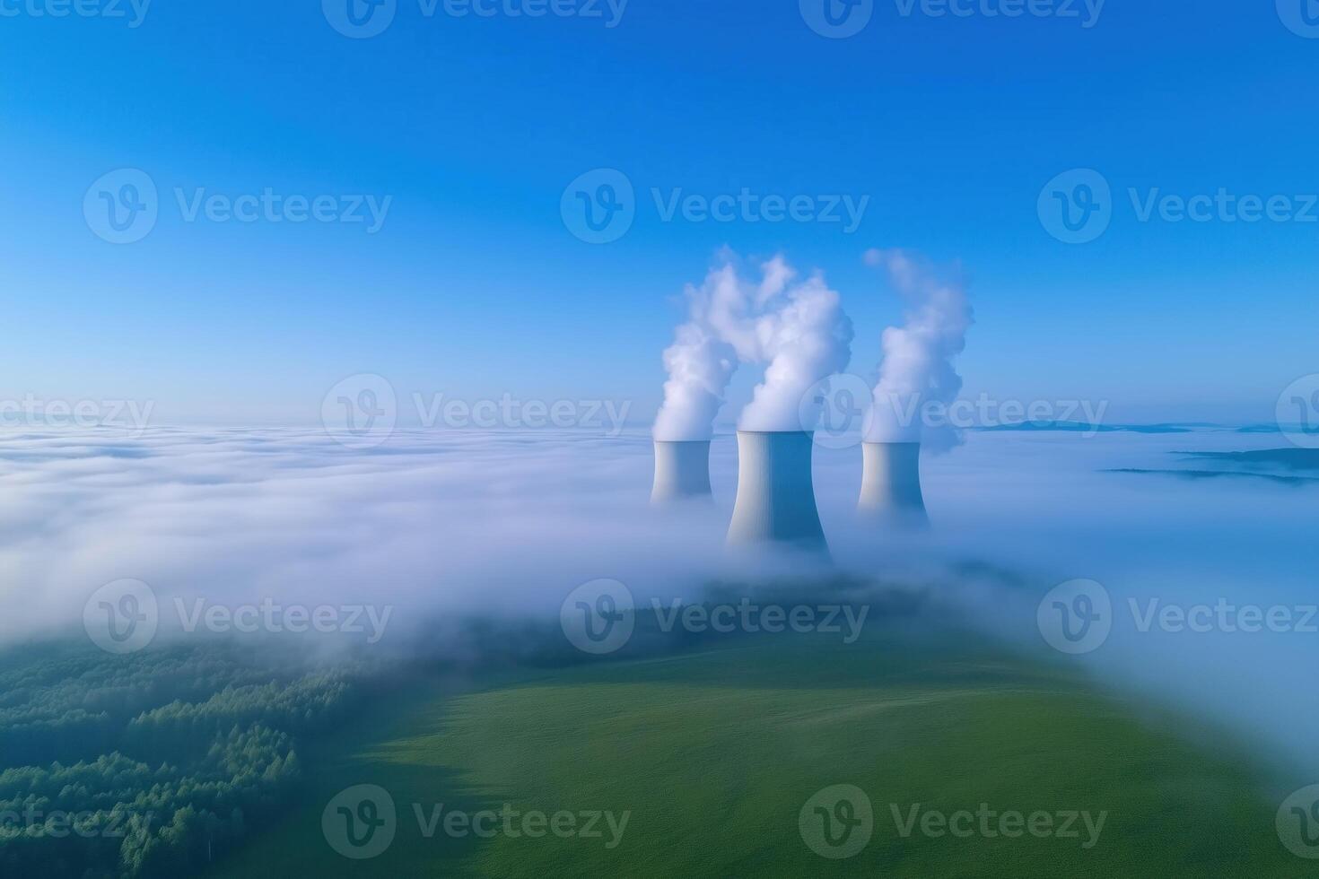 Cooling towers of nuclear power plant over the gog, aerial view photo