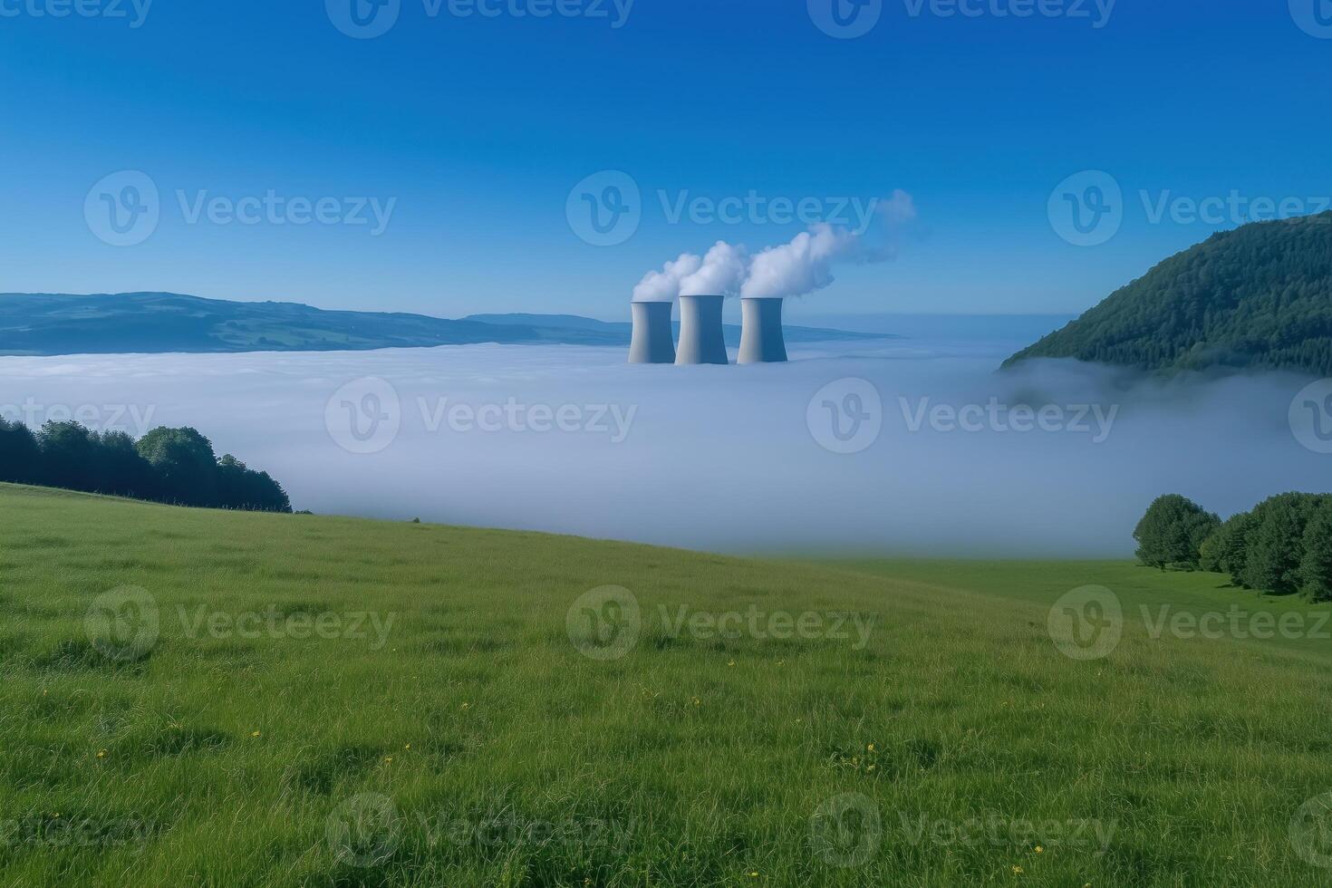 Nuclear power plant in the fog, view from the mountain photo