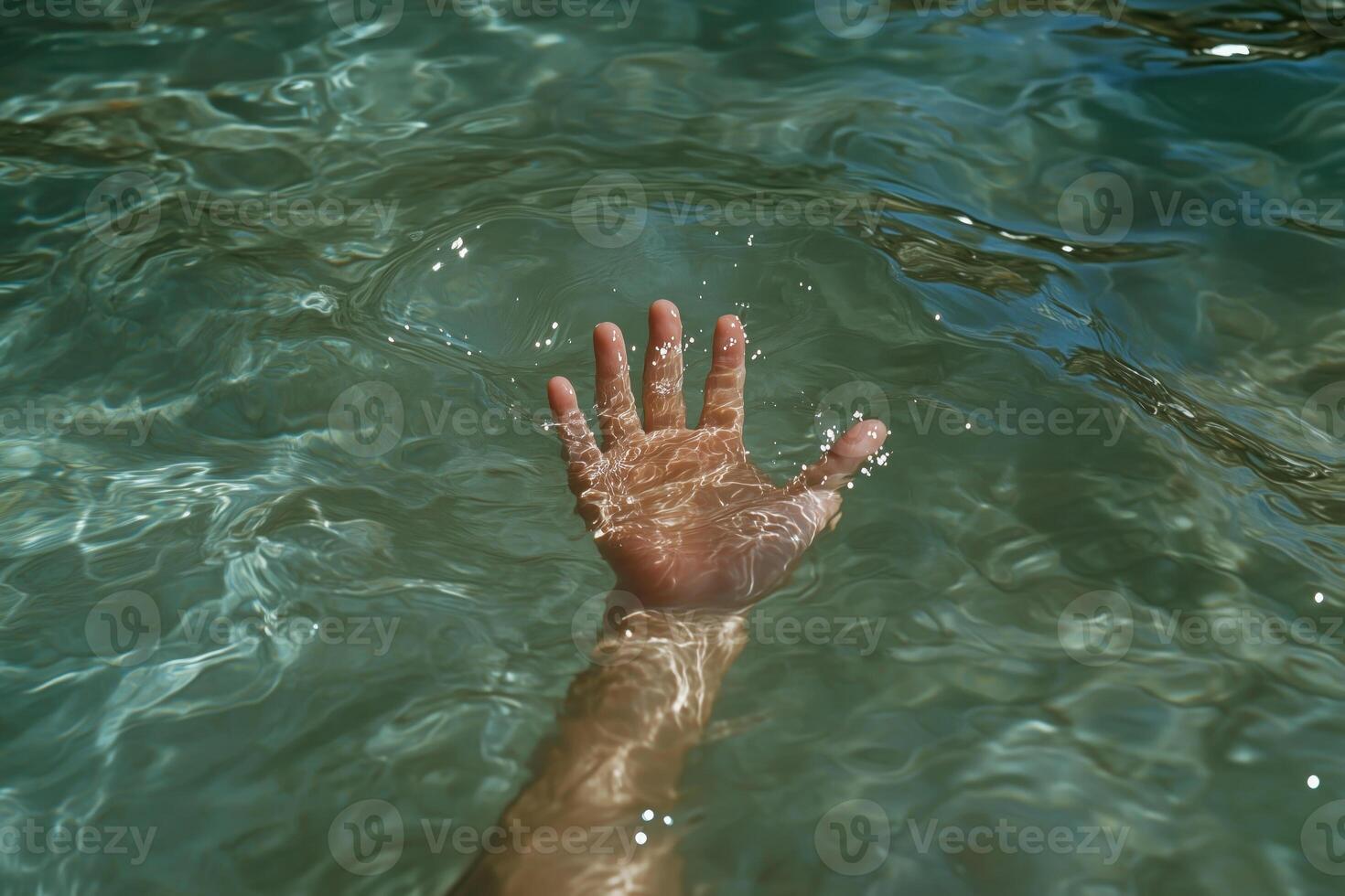 human's hand reaches out from under the water photo