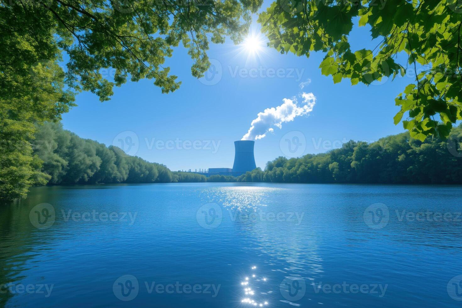 Nuclear power plant on the shore of the lake in the forest photo