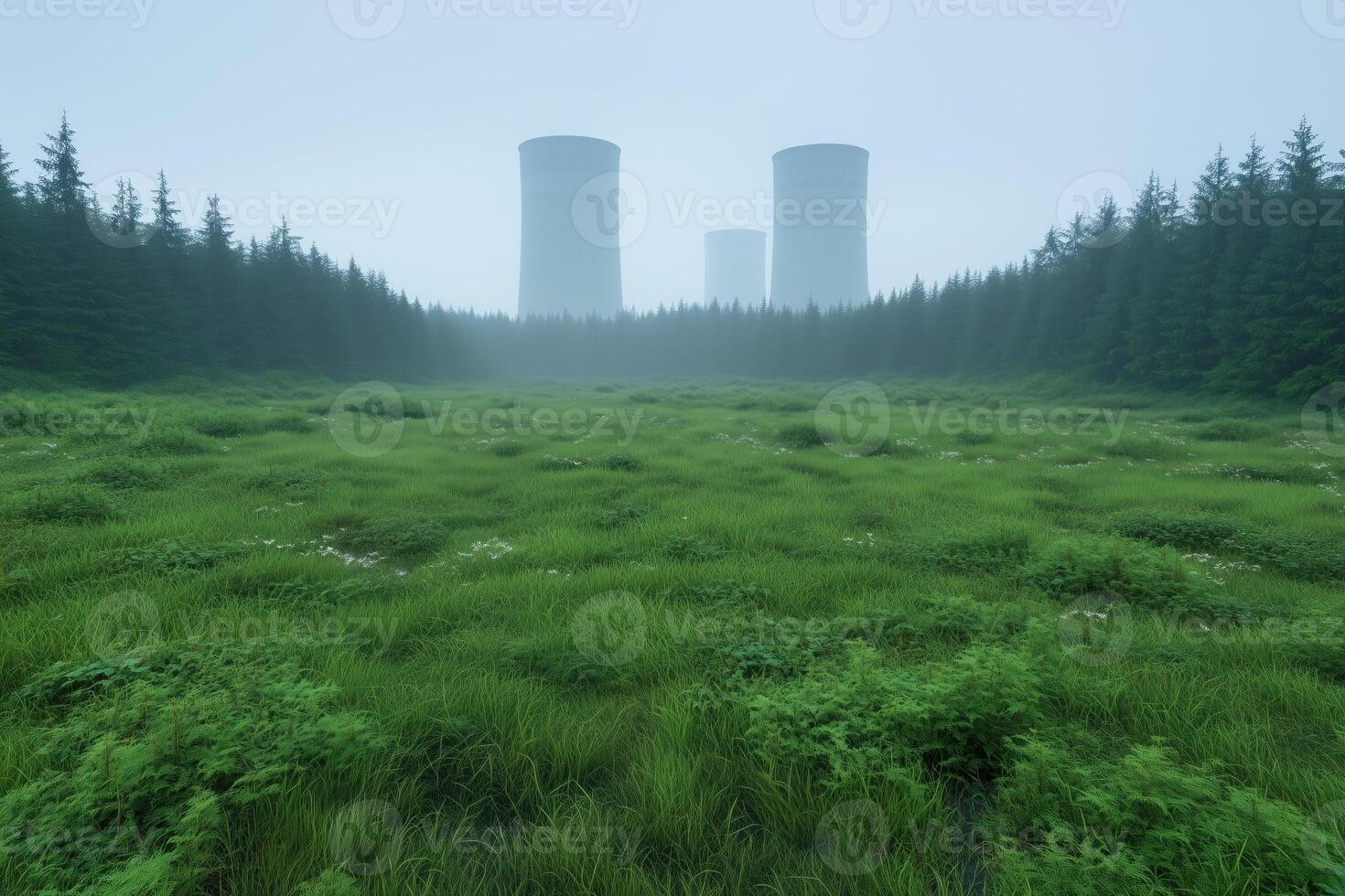 Nuclear power plant in foggy forest. photo