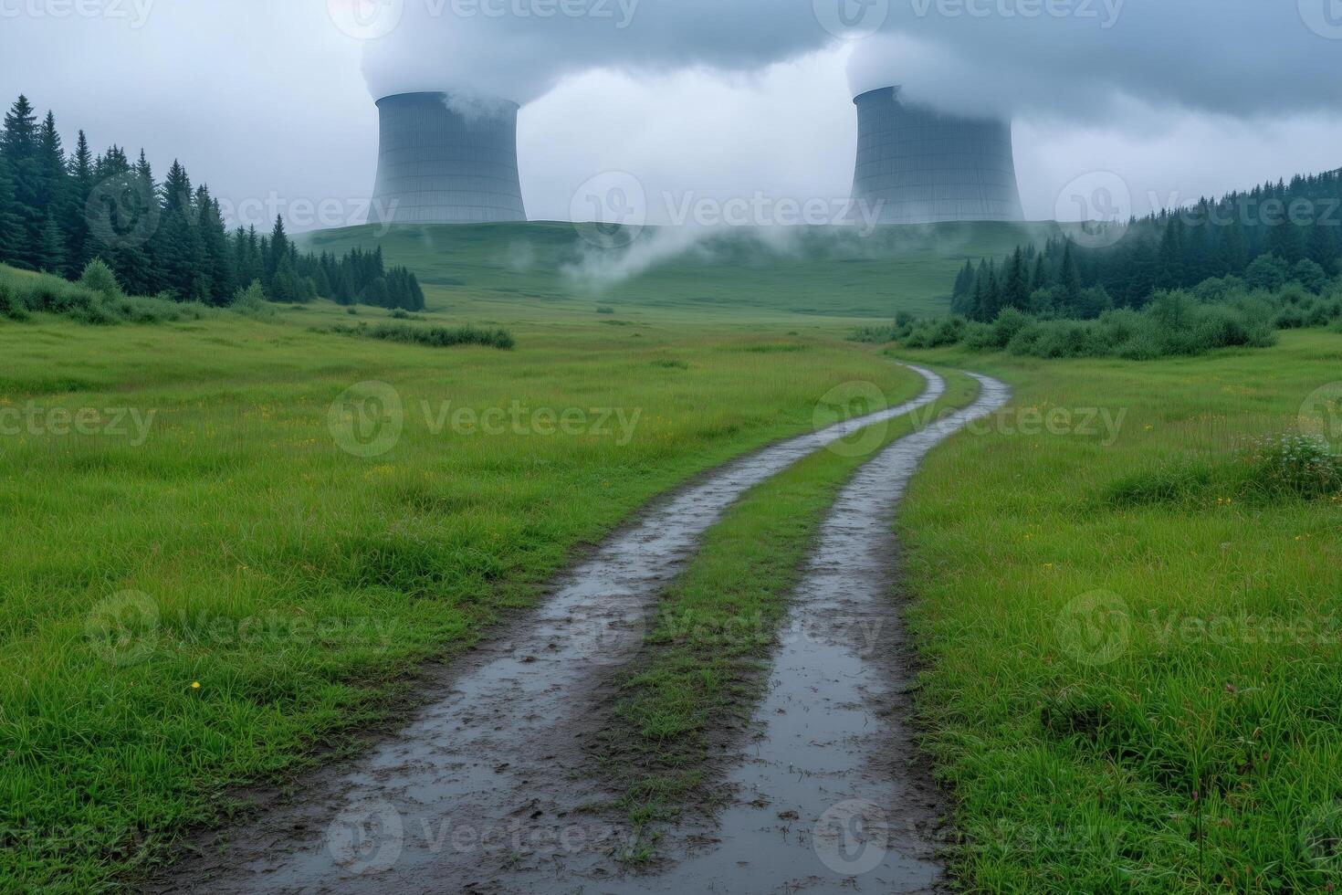 dirt road in the forest and industrial cooling towers in the distance photo