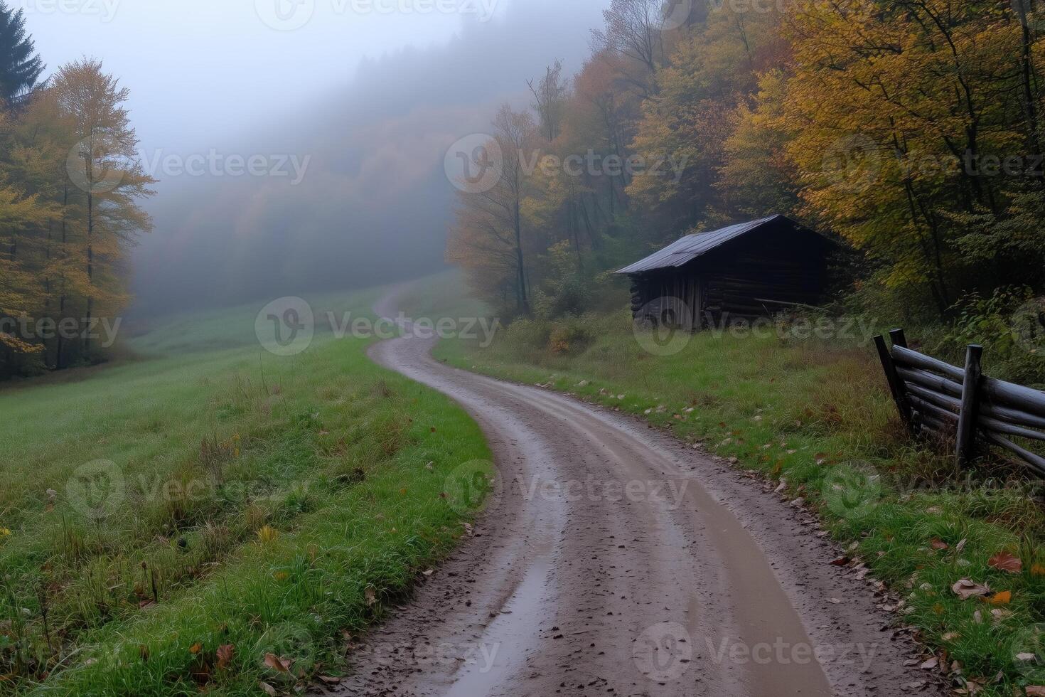 Autumn landscape with a dirt road through the forest photo