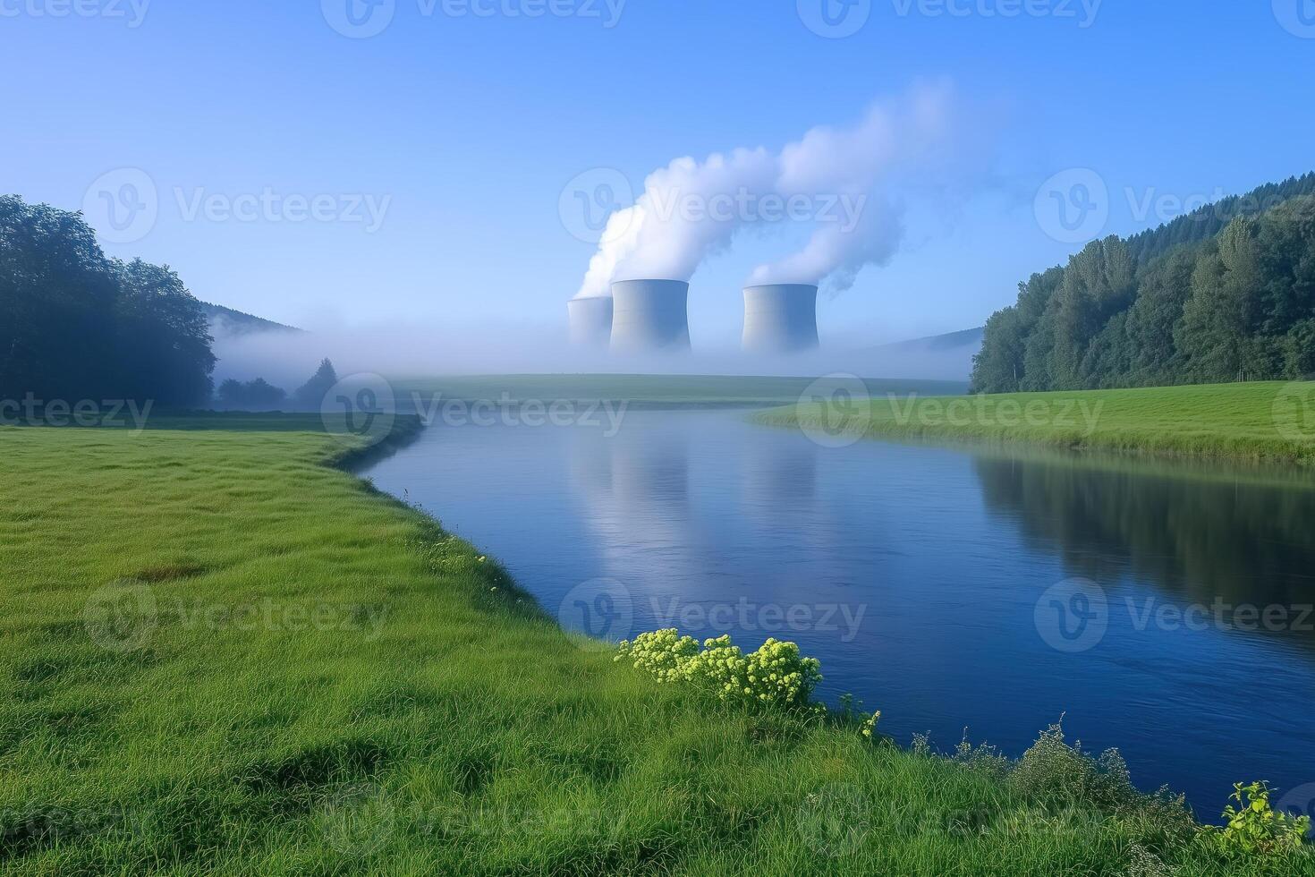 Nuclear power plant in foggy morning, photo