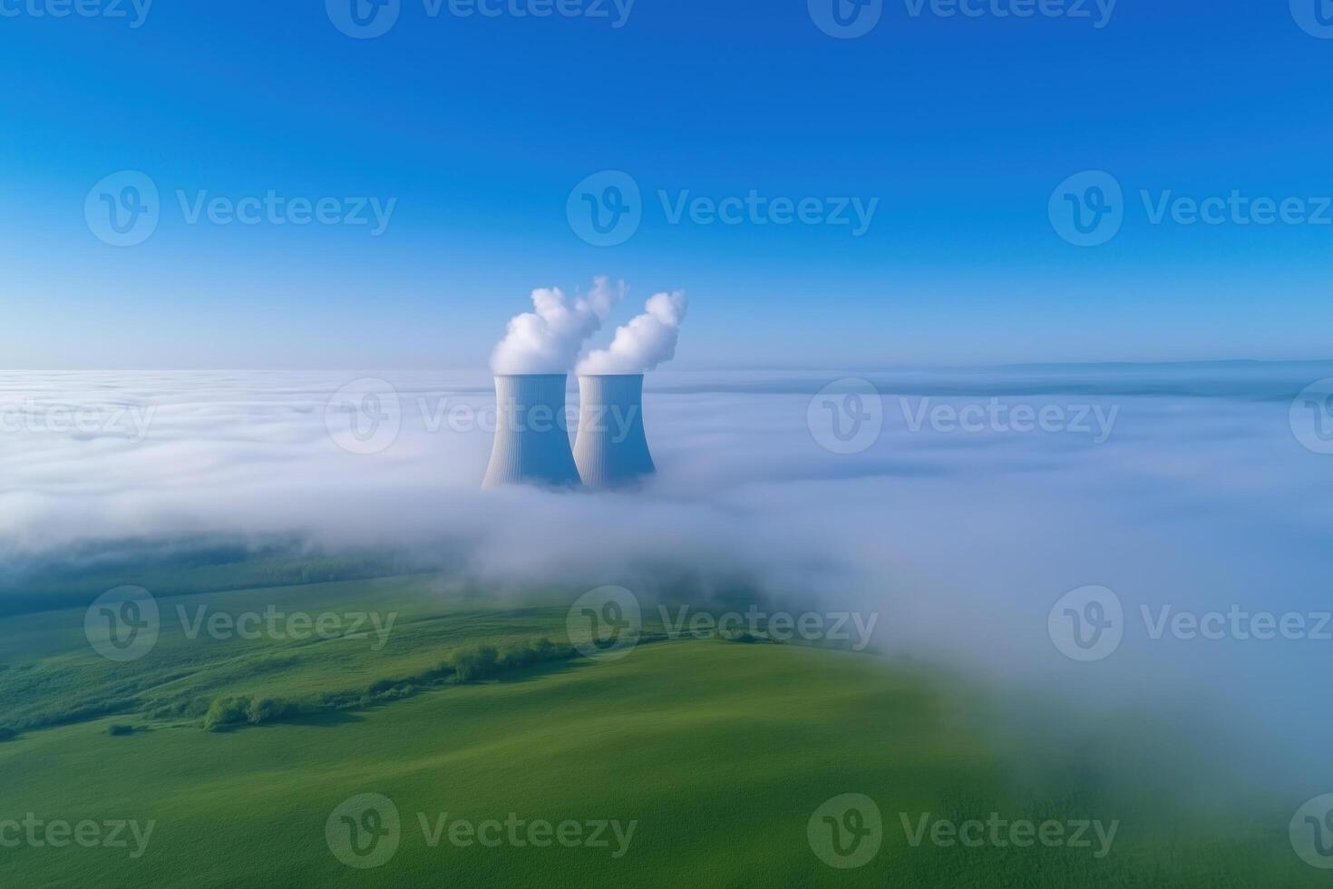 Nuclear power plant in the clouds, aerial view photo