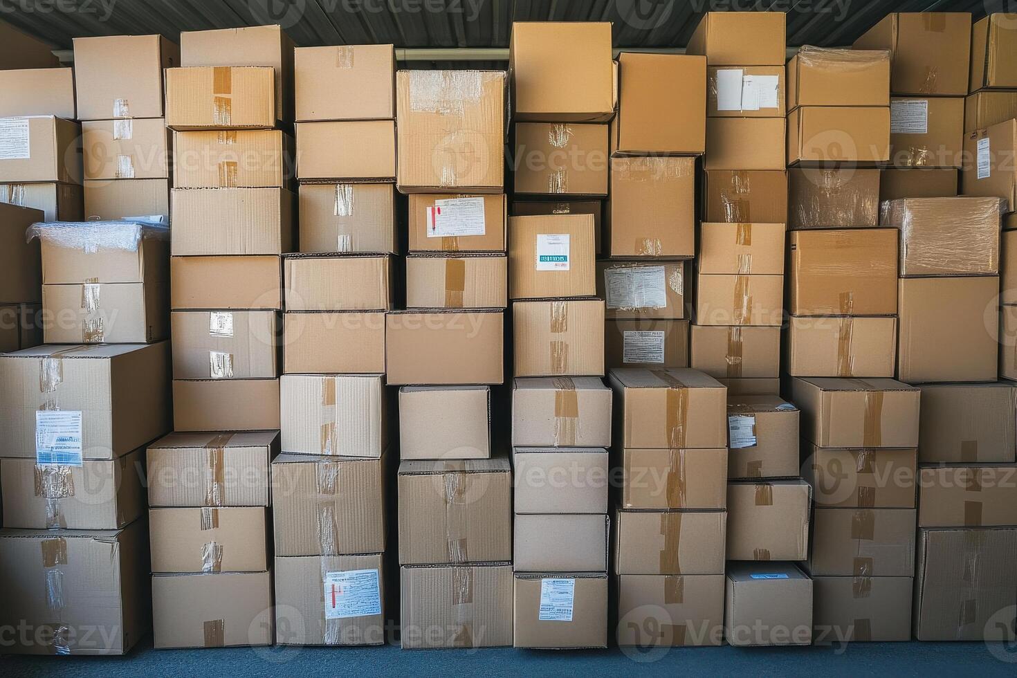 Warehouse Shelves Stacked with Cardboard Boxes for Storage Solutions and Logistics Management photo