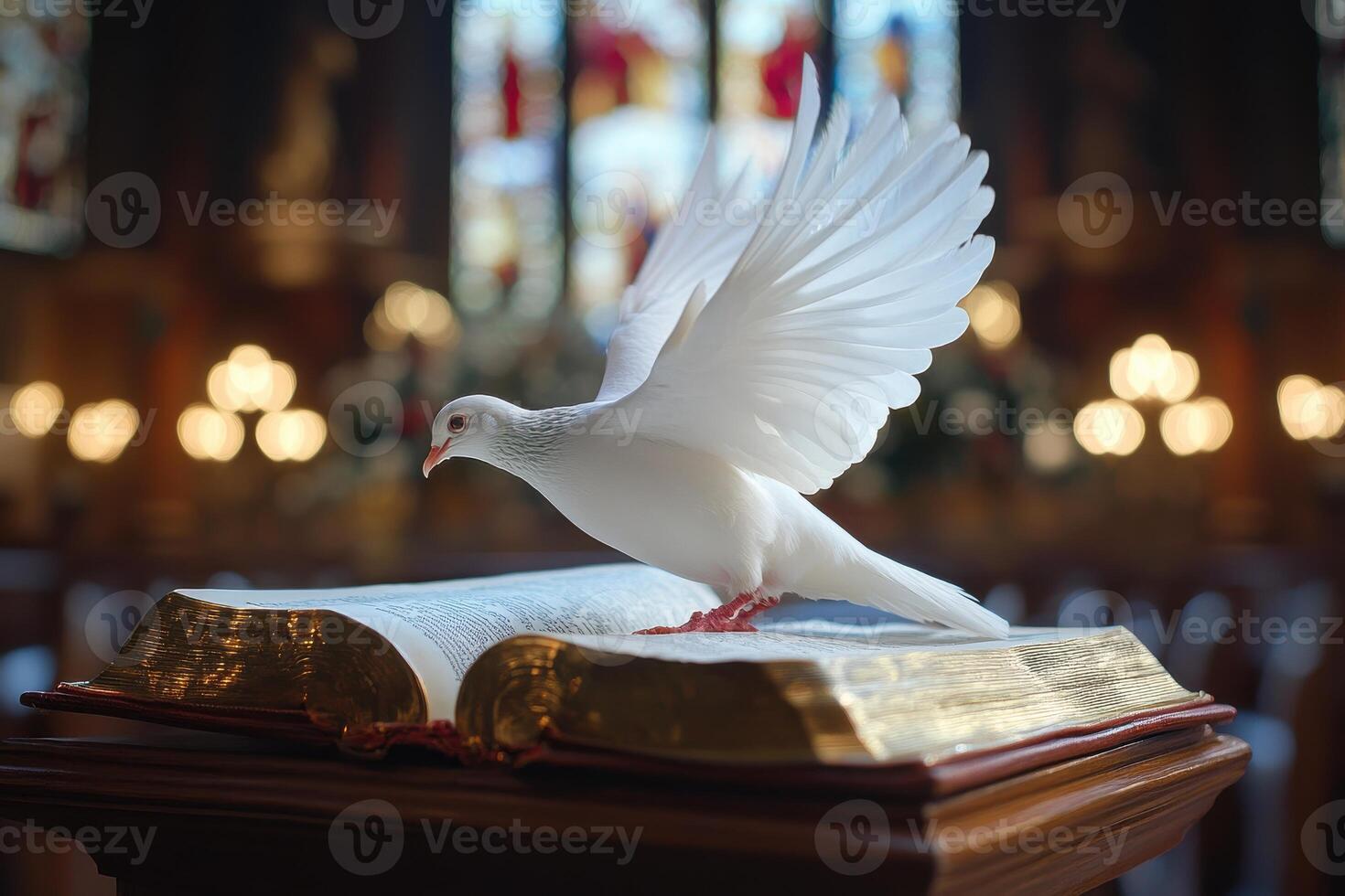 White Dove Descending onto an Open Bible Symbolizing Peace and Spirituality in a Serene Setting photo