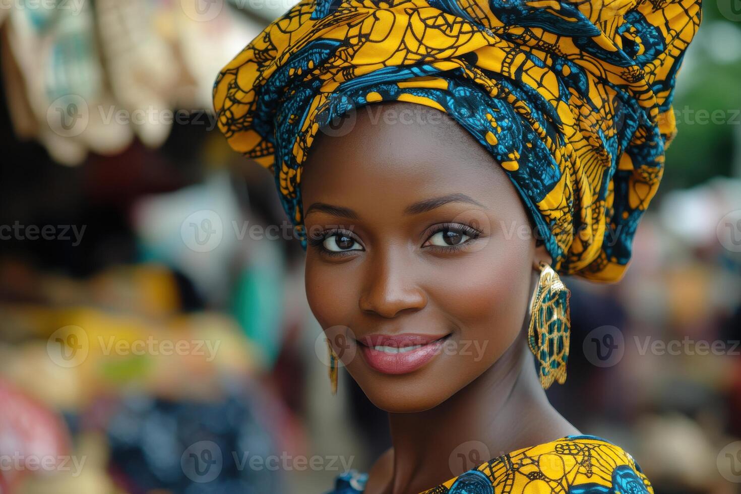 Vibrant African woman confidently shopping in a bustling marketplace, showcasing her culture and lifestyle choices photo