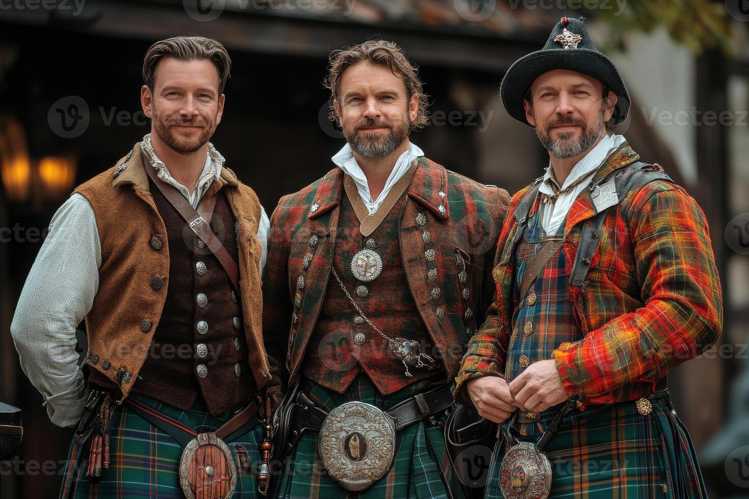 Three Men Dressed in Traditional Scottish Attire for Cultural Celebrations photo