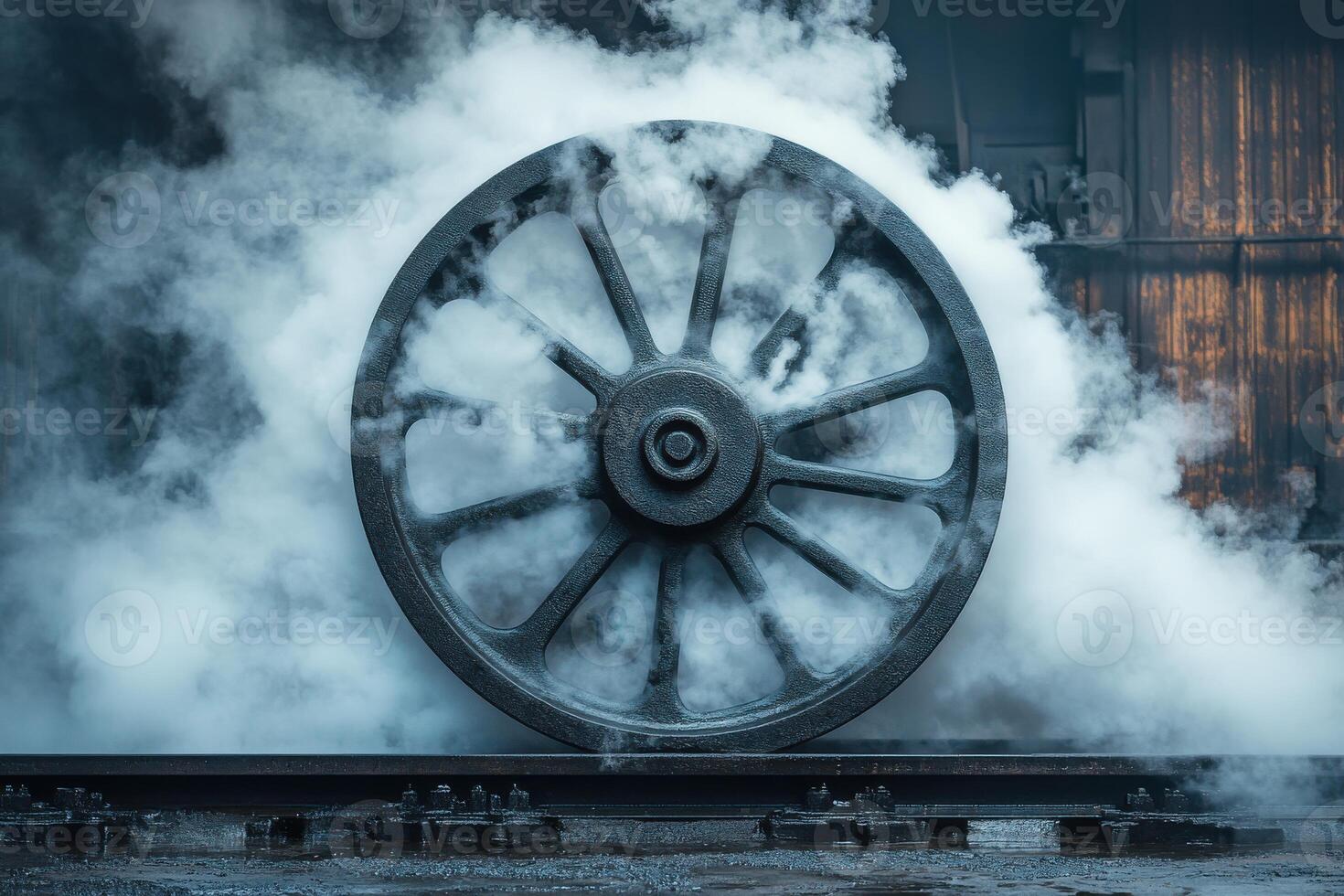 A Majestic Wheel Enveloped in Dramatic Smoke and Steam for Dynamic Visuals photo
