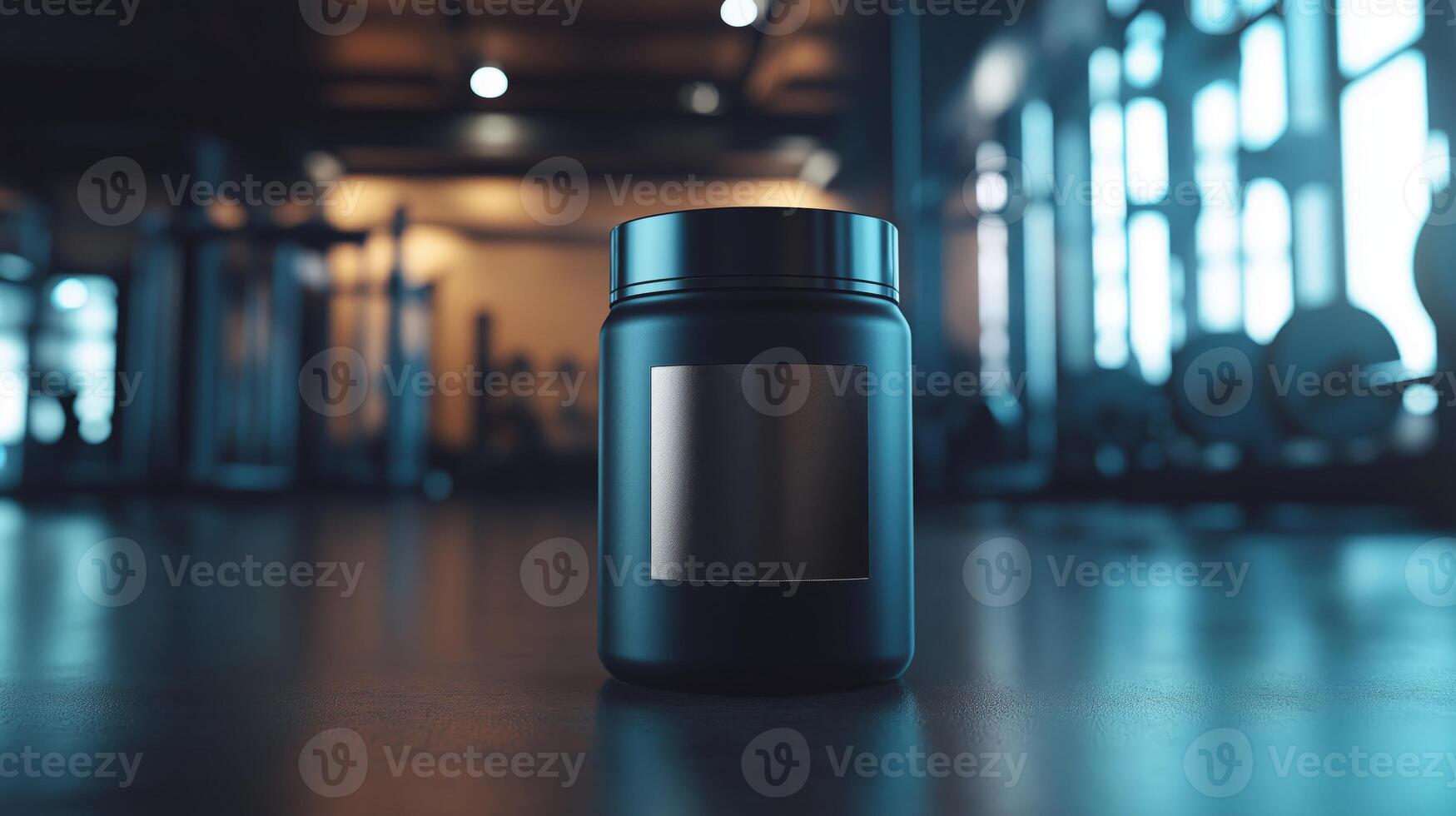 High-performance supplement jar mockup mockup in modern gym setting photo