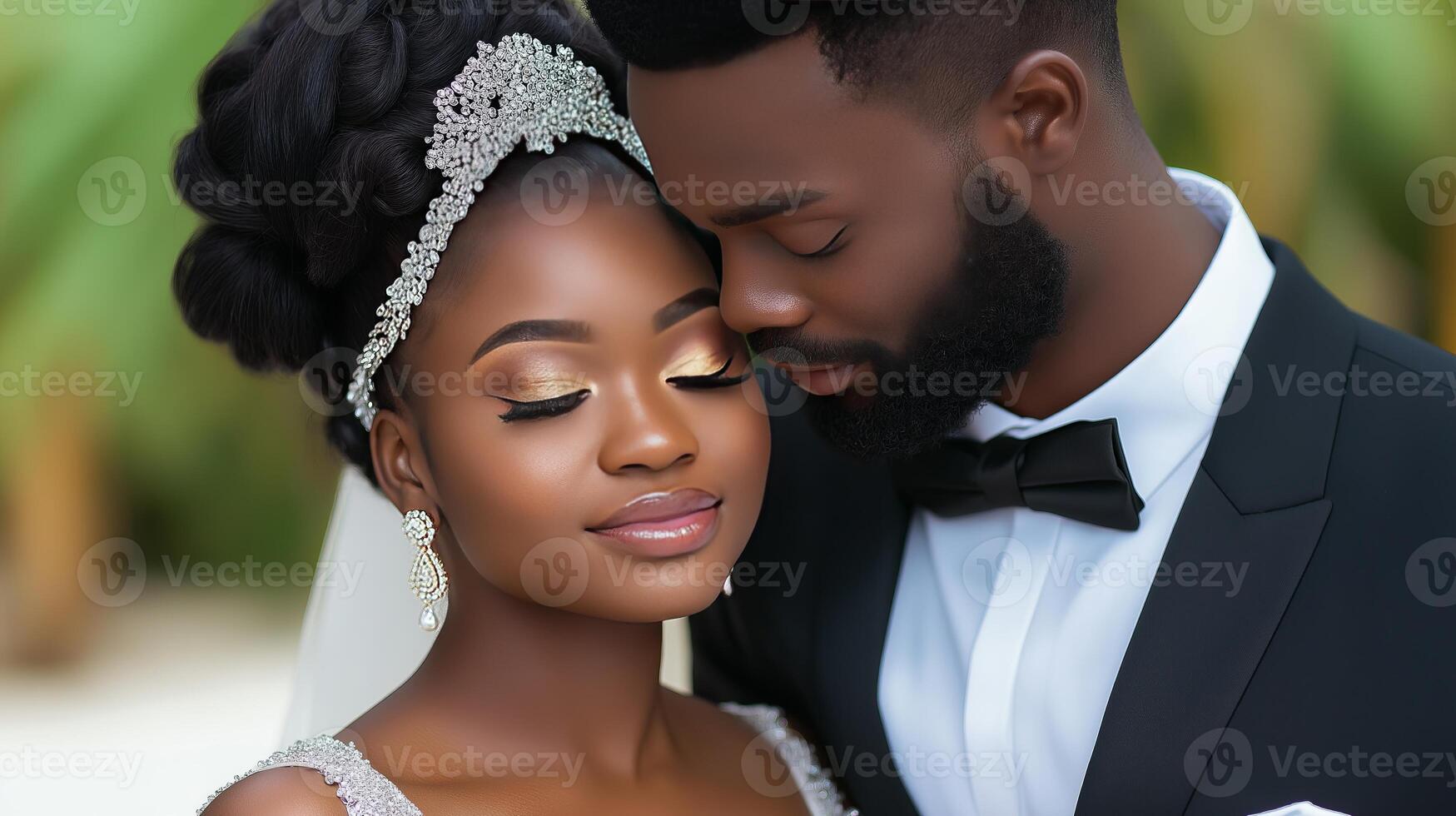 A Young couple of African American bride and groom at their wedding ceremony photo