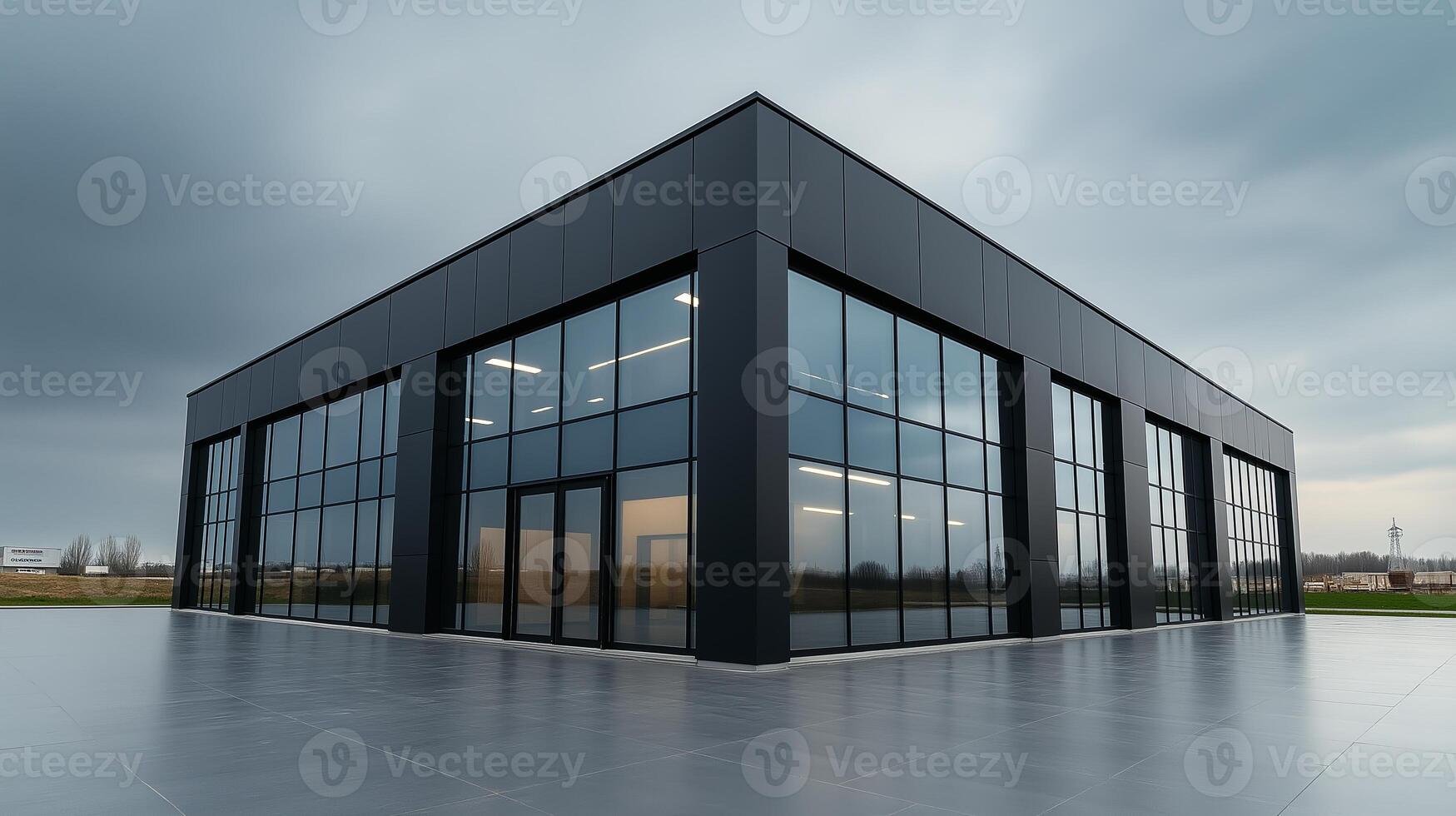 Modern glass building shines under a cloudy sky in a rural area photo