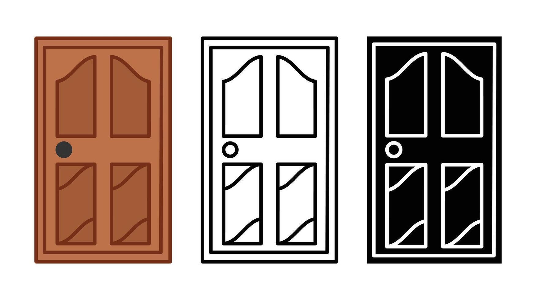 Simple, stylized illustrations of a wooden door in three variations. a colored version, a black and white line drawing, and a solid black version vector