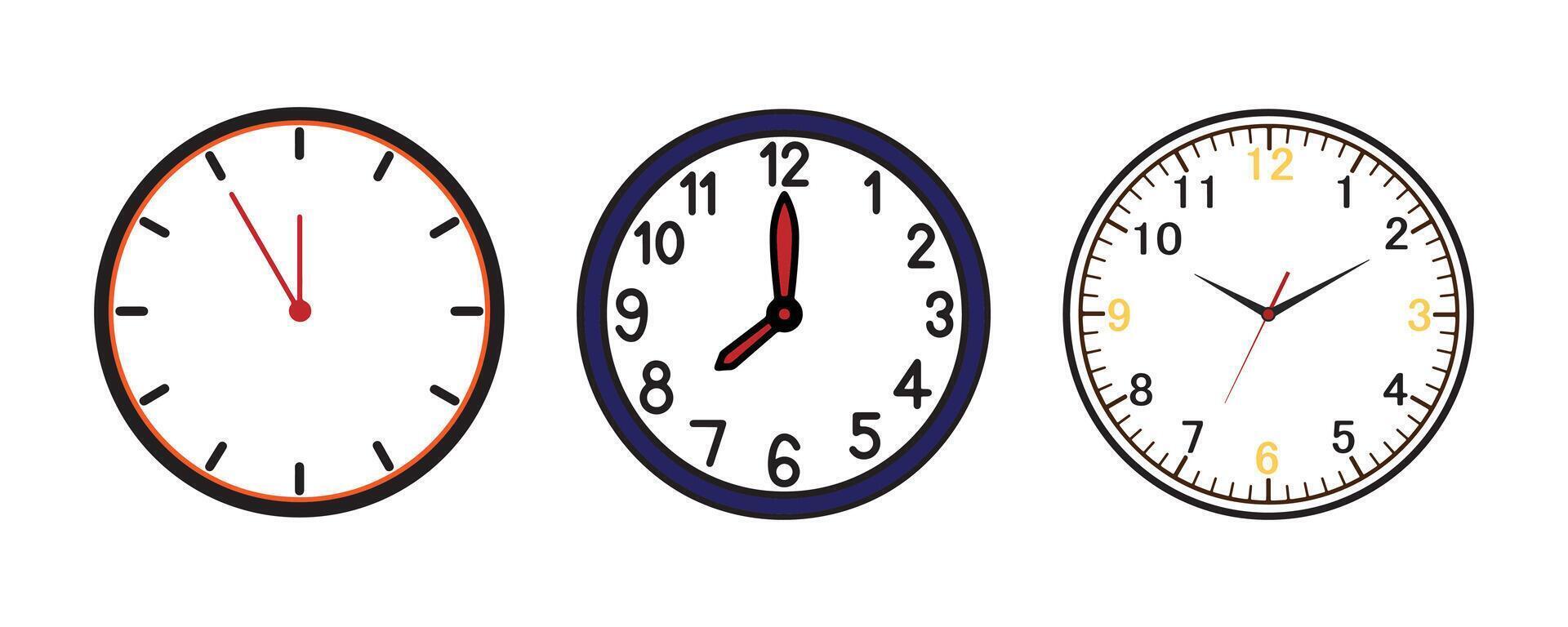 Three clocks showing different times, a simple illustration. vector
