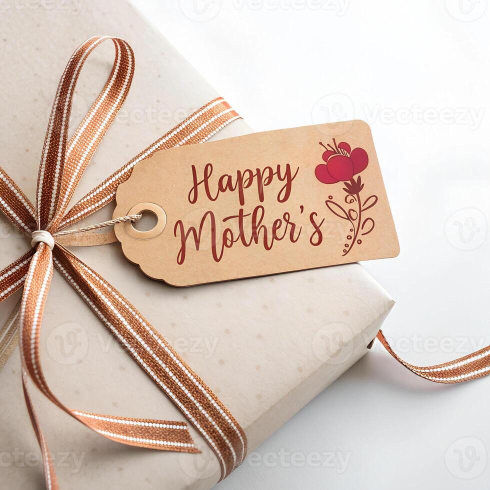 A handwritten Happy Mother s Day tag Tied with a brown and white striped bow. to a gift., isolated on a white background photo