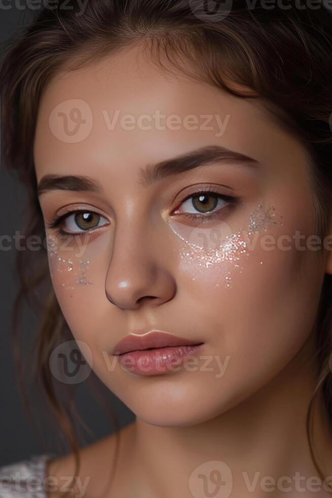 Slightly tilted view of A person with glitter and sparkles scattered across their cheeks photo