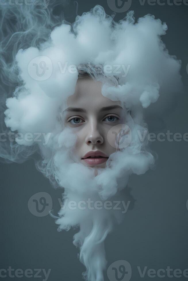 A face emerging from white smoke, surreal and mysterious photo