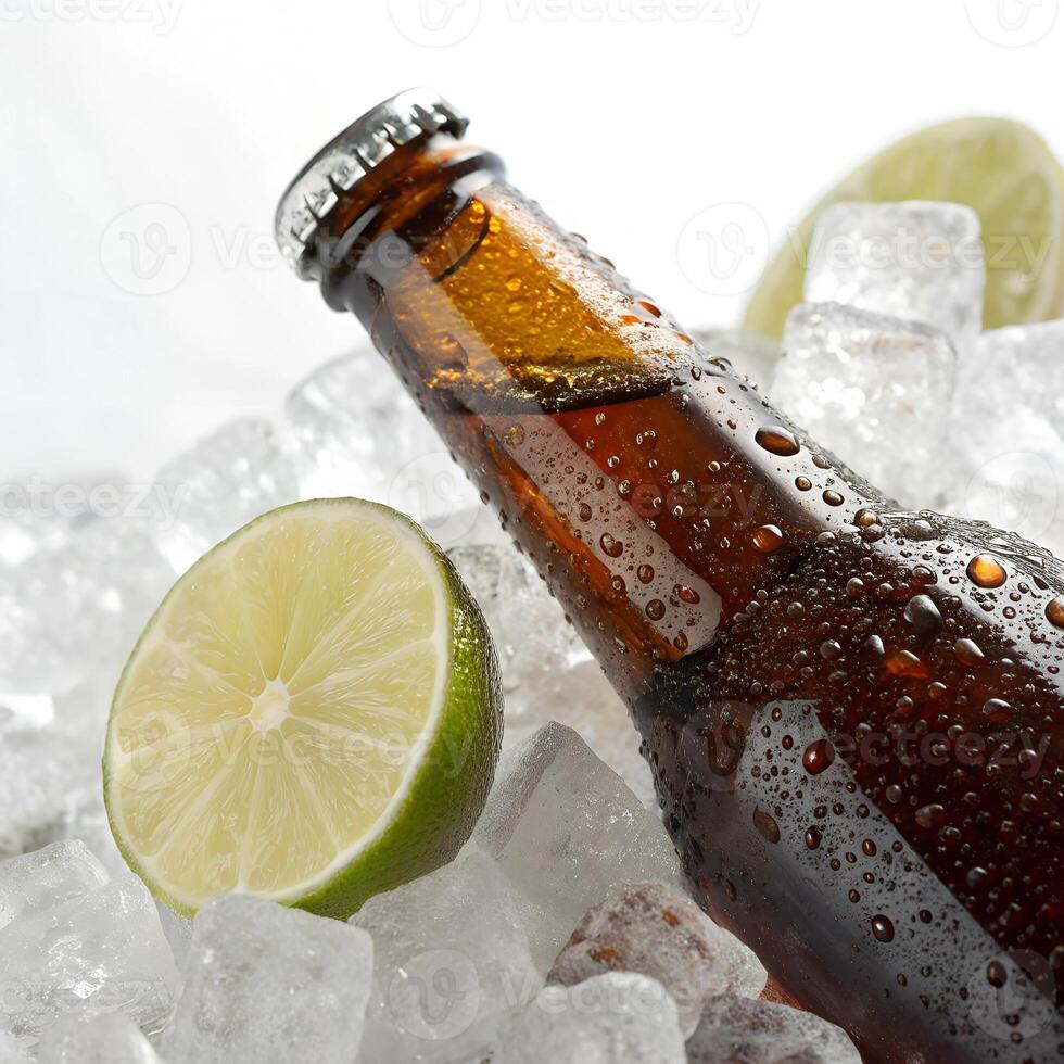 A close-up of a cold bottle of soda with ice cubes and lime on the side., isolated on a white background photo